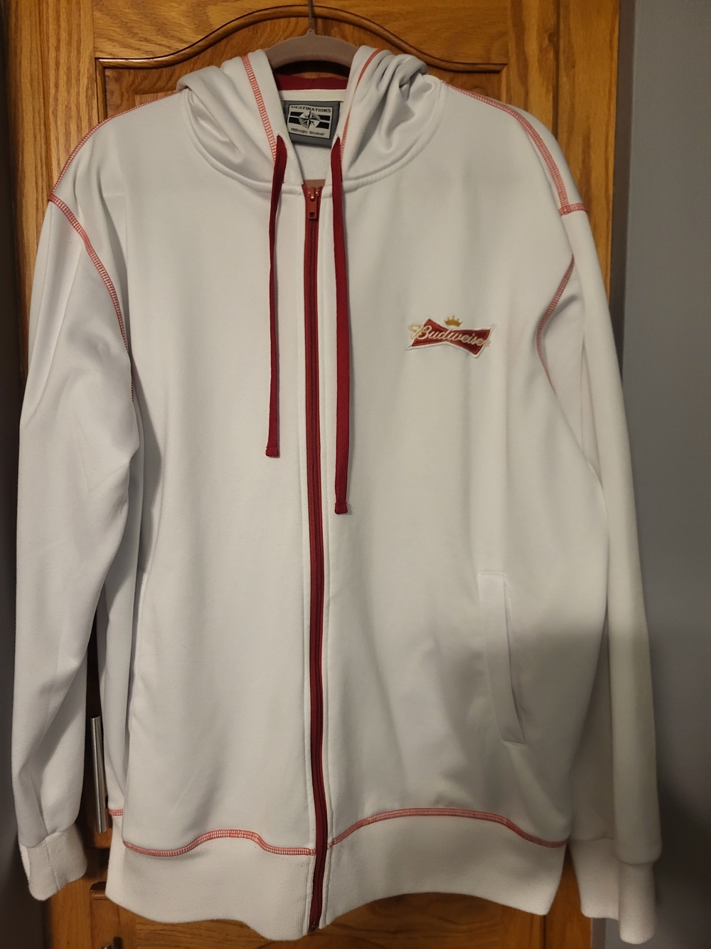 Notations White Hoodie with Red Trim Budweiser Logo